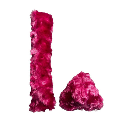 Two handmade bright pink minky kicker cat toys shown side by side, soft plush texture, filled with signature premium catnip for energetic kicking play. Made by CatnipTakeout.