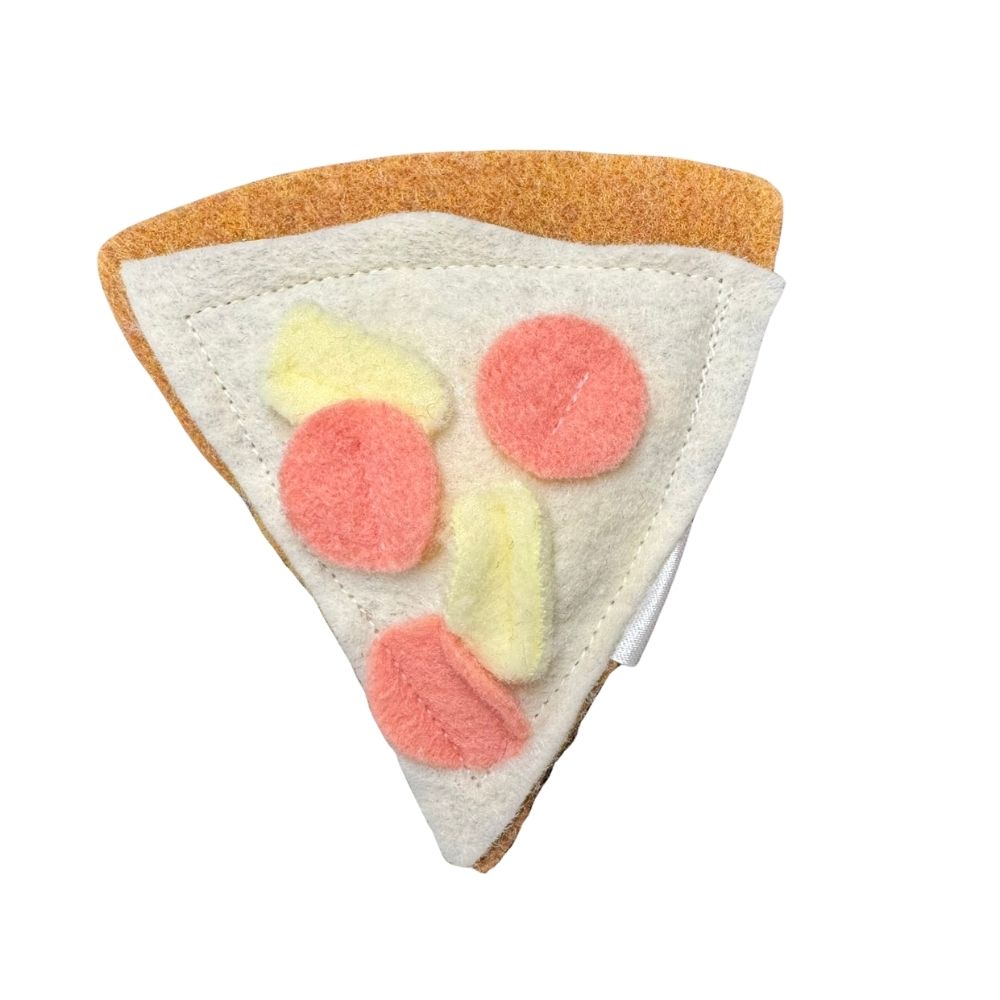 Pizza cat toy slice with pink ham circles and pale yellow pineapple felt toppings