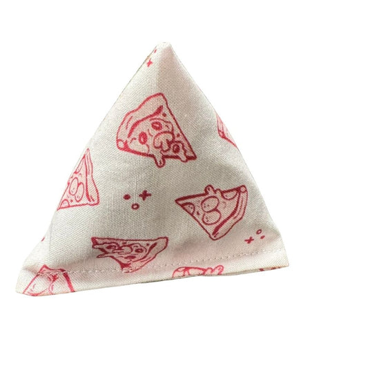 Pizza cat toy with catnip featuring pepperoni on pink fabric.