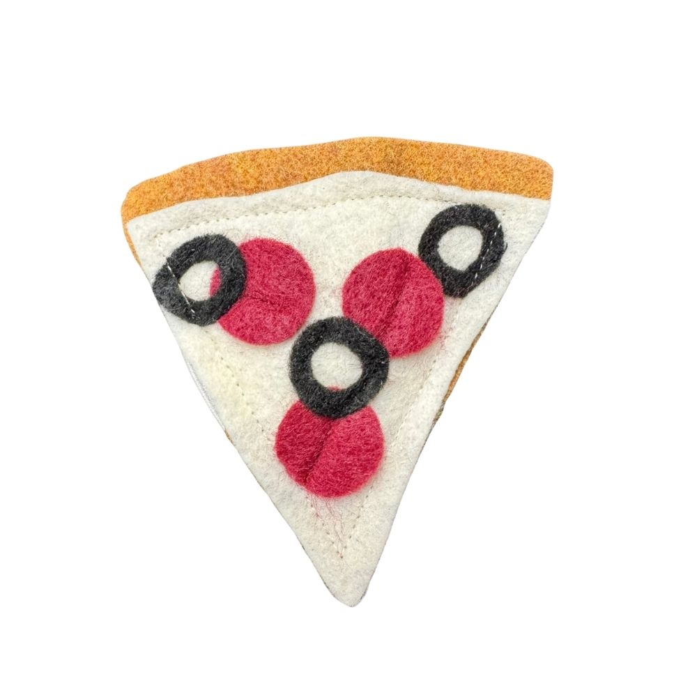 Pizza cat toy slice topped with red pepperoni circles and black felt olive rings