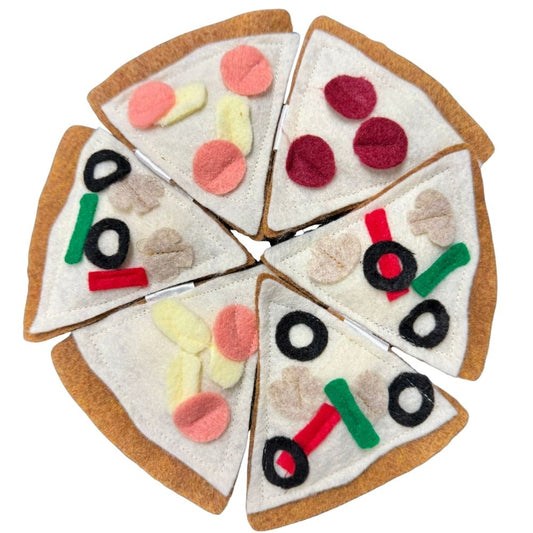 Pizza cat toy slices arranged in circle showing pepperoni, veggie and Hawaiian felt toppings
