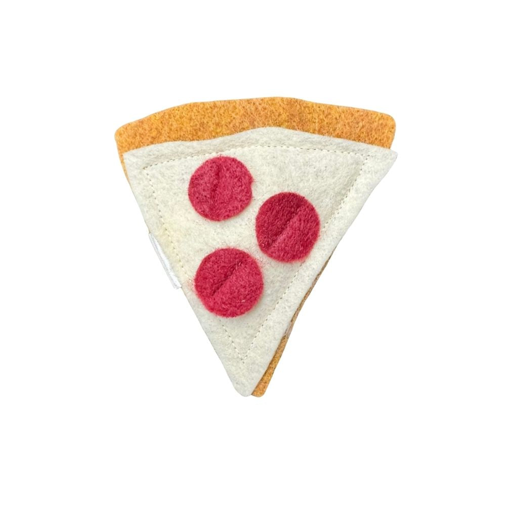 Pizza cat toy slice with three red felt pepperoni circles on cream cheese layer and brown crust