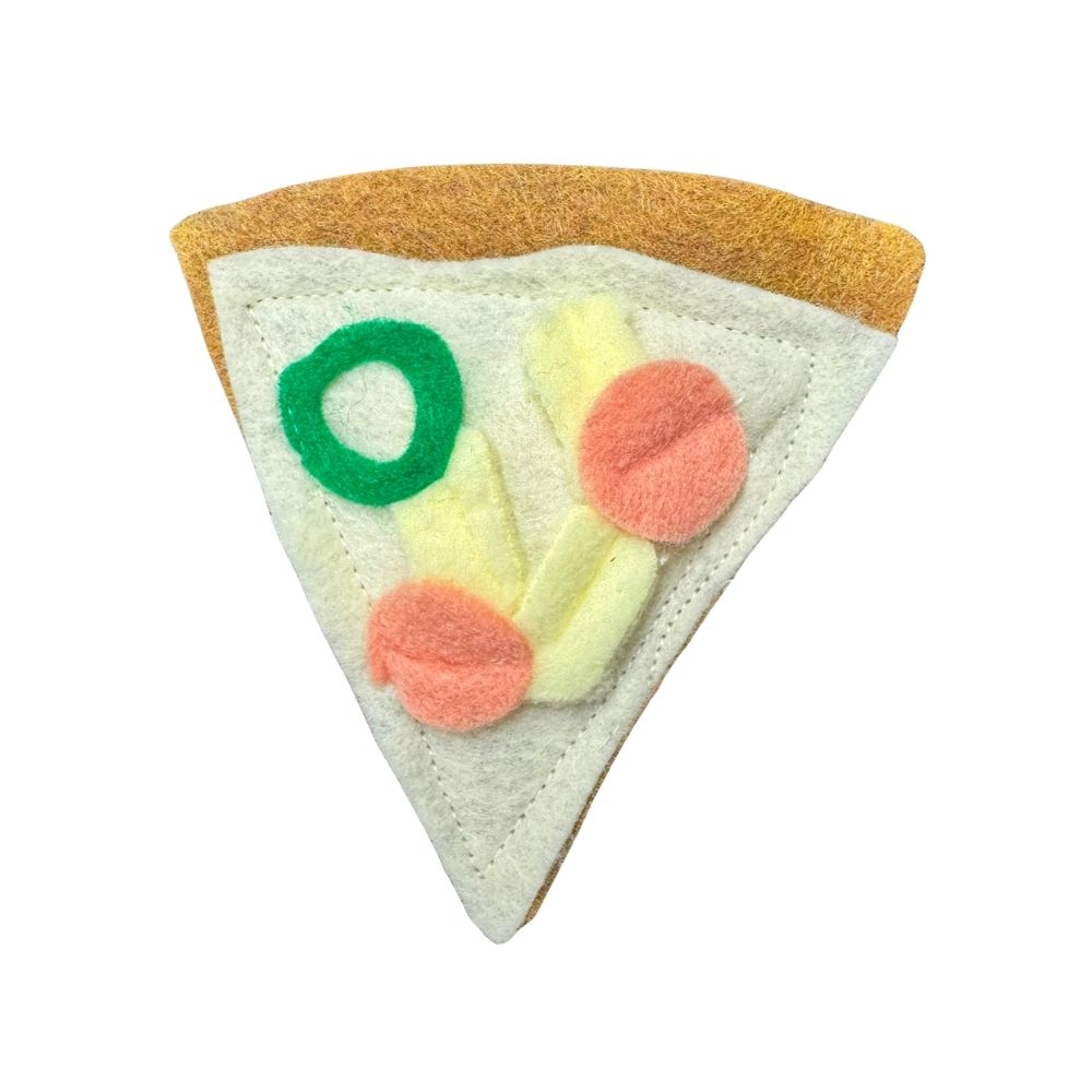 Pizza cat toy slice with pineapple, ham and green jalapeño felt ring topping