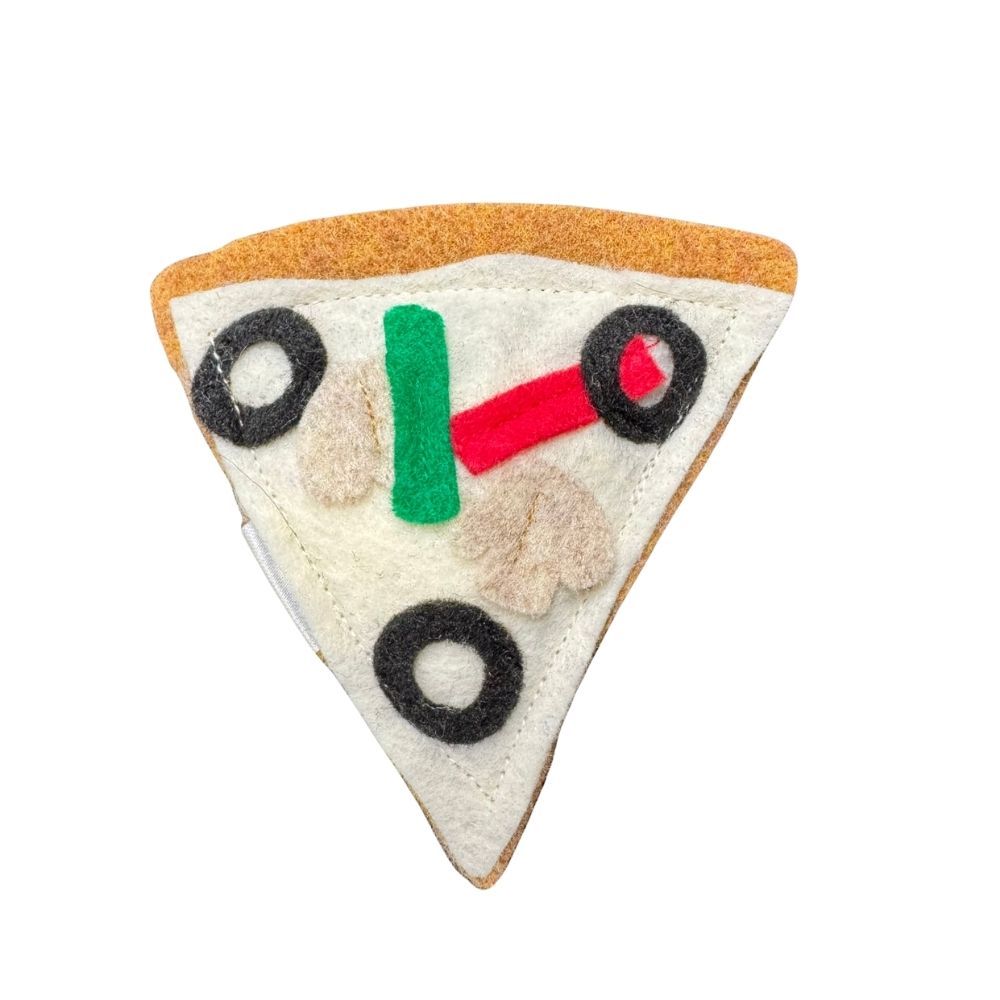 Pizza cat toy slice with black olive rings, green pepper strips and beige mushroom felt toppings