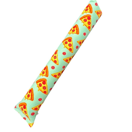Long pizza cat kicker toy with catnip in classic pepperoni slice print on cotton fabric, close-up view