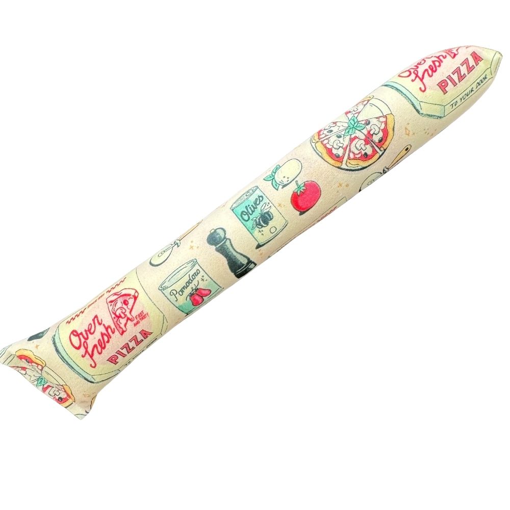 Long pizza cat kicker toy with catnip featuring retro pizza parlor icons and ingredient graphics on cotton fabric