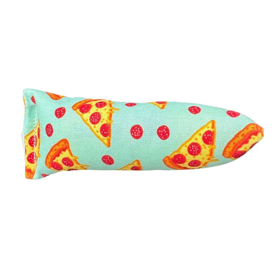 Pizza mini kicker cat toy with catnip featuring pepperoni slice pattern on cotton fabric.
