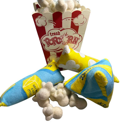 Popcorn-themed cat toys sprayed with catnip shown together, interactive toys designed for batting, kicking, and independent play by CatnipTakeout
