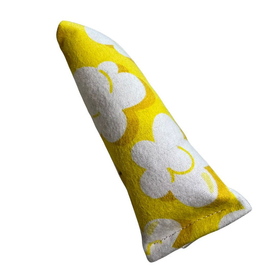 Handmade popcorn fabric catnip mini kicker cat toy designed for batting, bunny kicks, and energetic interactive play by CatnipTakeout