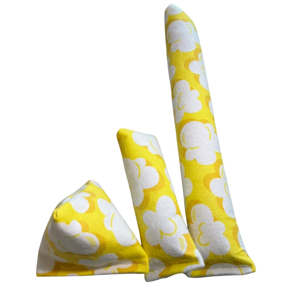 Popcorn print catnip happy sack with matching kicker and mini kicker cat toys, handmade fabric toys designed for interactive play and kicking by CatnipTakeout