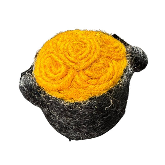 Felted wool pot of gold cat toy with bright yellow textured top and dark wool base for St. Patrick’s Day play