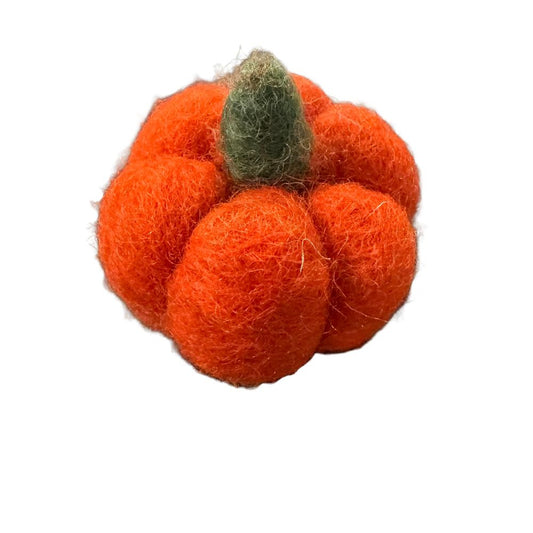 Pumpkin-shaped wool cat toy with a squat orange segmented body and green stem, sprayed with aromatic catnip for grounded batting and controlled play. Made by CatnipTakeout.