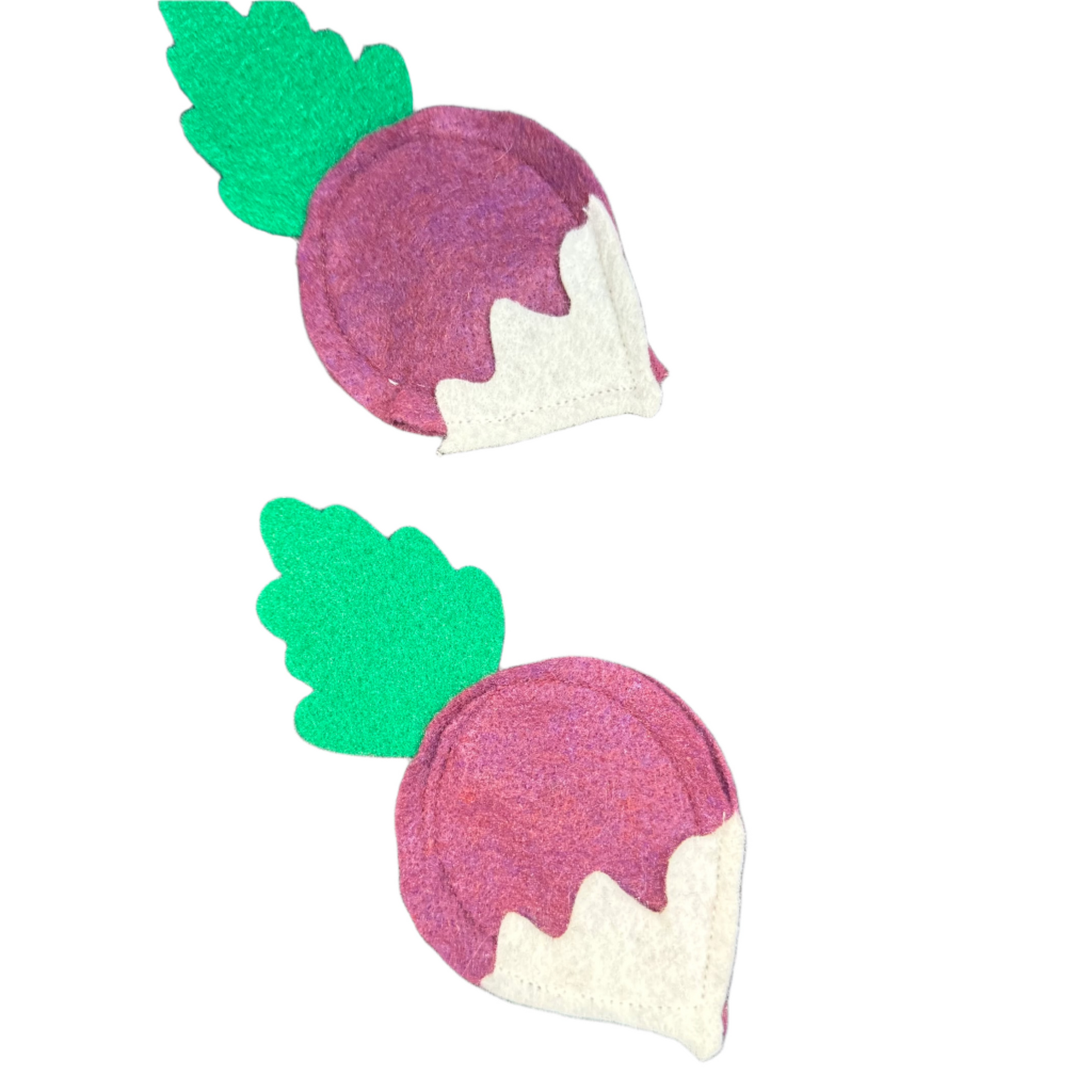 A radish-shaped catnip cat toy with a vibrant red body, green leafy top, and a white patch at the base, perfect for cats to bat, pounce, and toss made by CatnipTakeout.