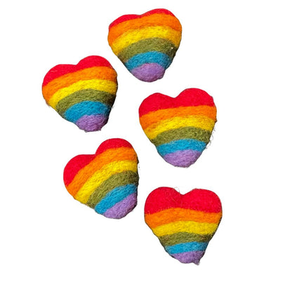 Felted rainbow heart cat toy sprayed with catnip, handmade by CatnipTakeout for batting, tossing, and play