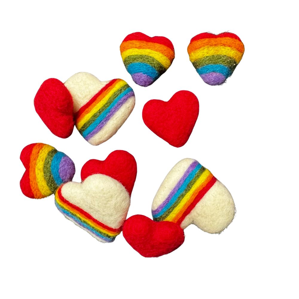 Handmade rainbow heart cat toy sprayed with catnip by CatnipTakeout, felted wool heart toy for interactive cat play