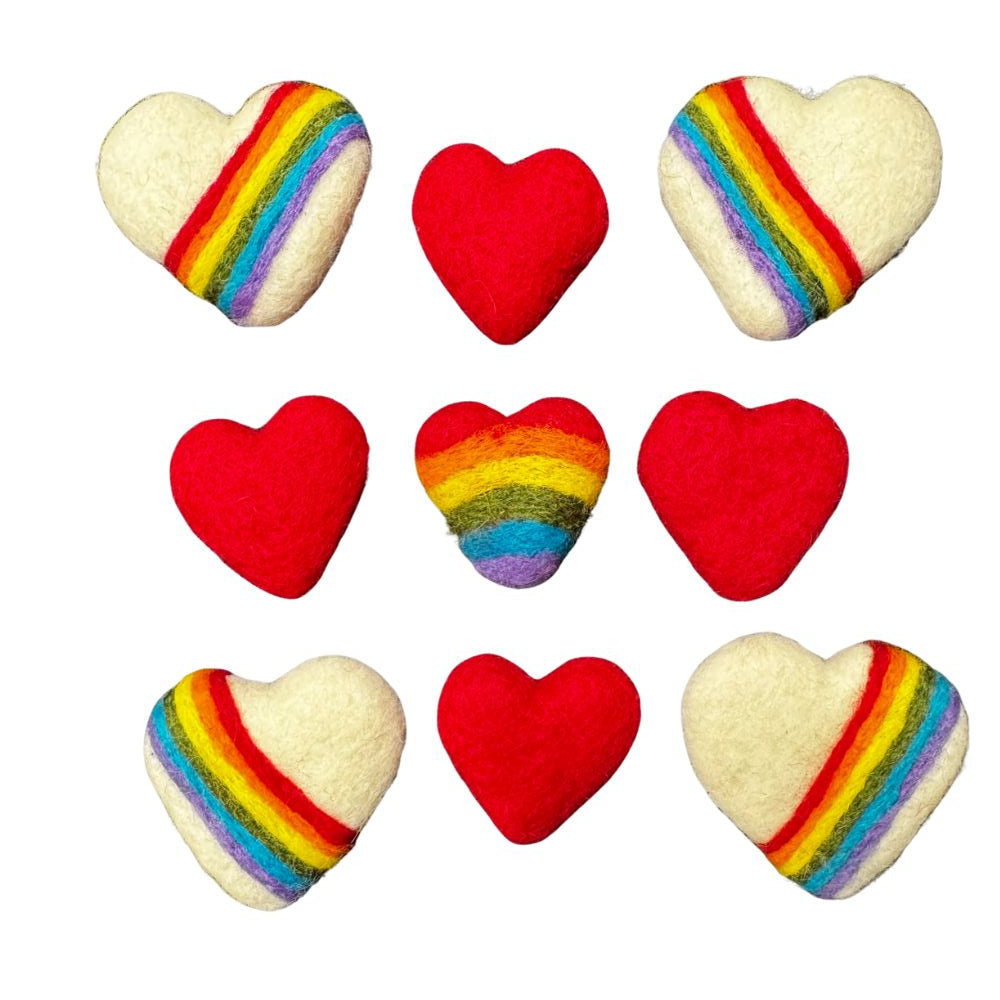 Set of handmade rainbow heart cat toys sprayed with catnip, felted wool toys by CatnipTakeout