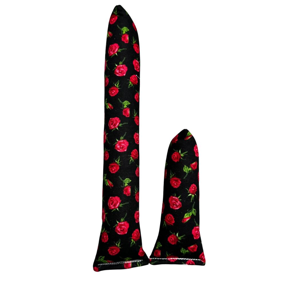 Group photo of handmade Valentine rose print kicker and mini kicker cat toys shown together, filled with signature premium catnip. Made by CatnipTakeout.