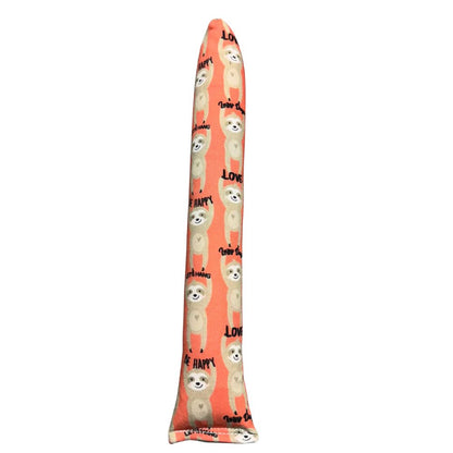 Handmade sloth kicker cat toy in coral cotton fabric with playful sloth print, long tube shape, filled with signature premium catnip. Made by CatnipTakeout.