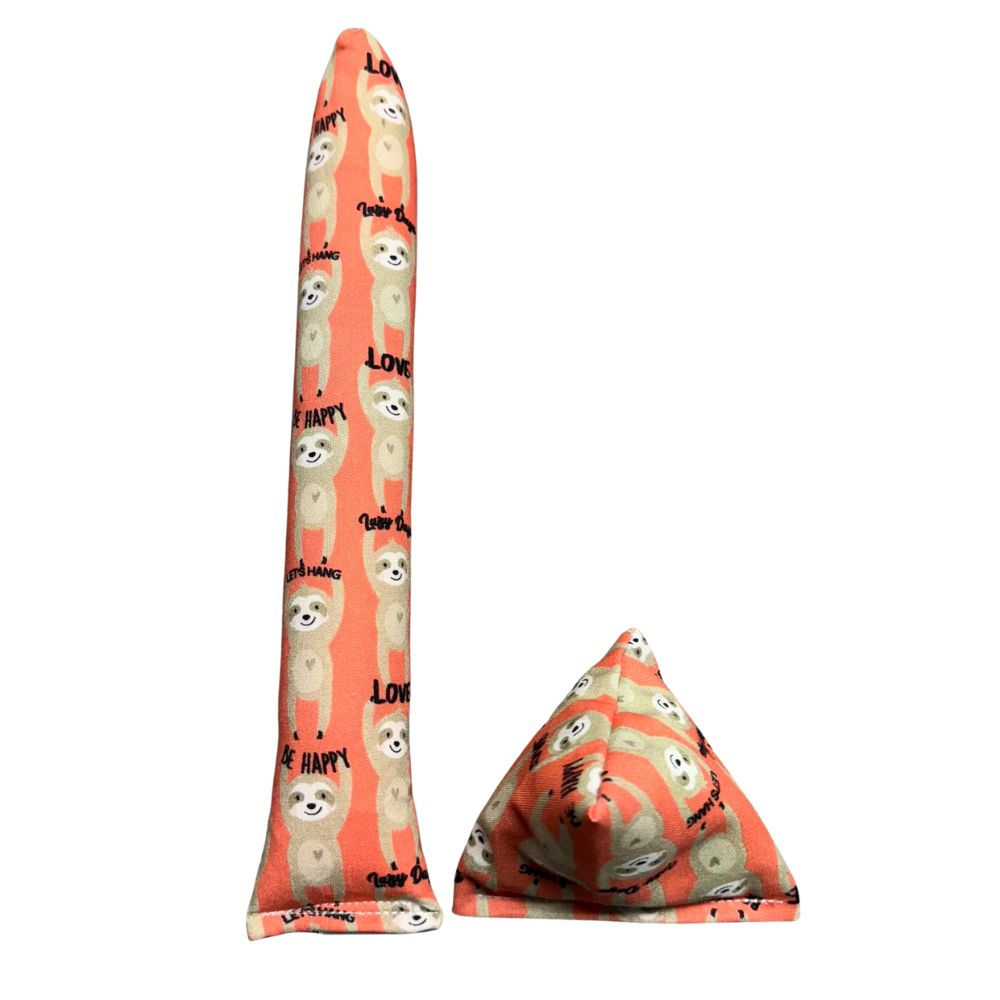 Handmade sloth kicker and Happy Sack cat toys shown together in coral cotton fabric with sloth print, both filled with signature premium catnip. Made by CatnipTakeout.