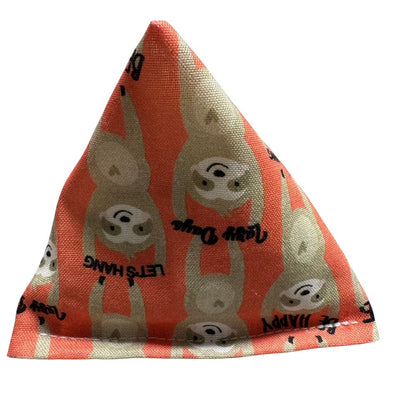 Handmade Sloth Happy Sack cat toy in coral cotton fabric with repeating sloth print, pyramid shape ideal for kittens to bat and toss, filled with signature premium catnip. Made by CatnipTakeout.
