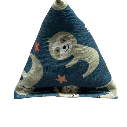 Handmade Sloth Happy Sack cat toy in navy cotton fabric with sloth and star print, pyramid shape encouraging stalking and interactive play, filled with signature premium catnip. Made by CatnipTakeout.