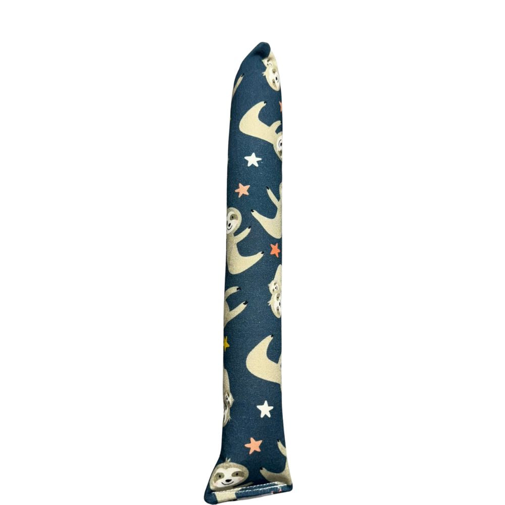 Handmade sloth kicker cat toy in navy cotton fabric with sloth and star print, tube-style shape, filled with signature premium catnip. Made by CatnipTakeout.