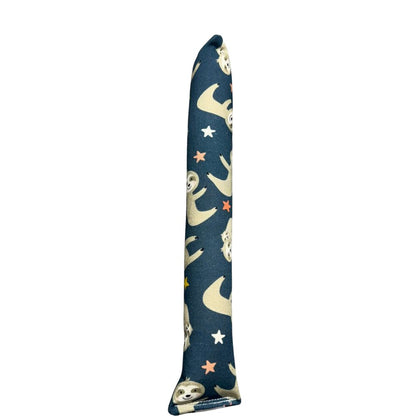 Handmade sloth kicker cat toy in navy cotton fabric with sloth and star print, tube-style shape, filled with signature premium catnip. Made by CatnipTakeout.