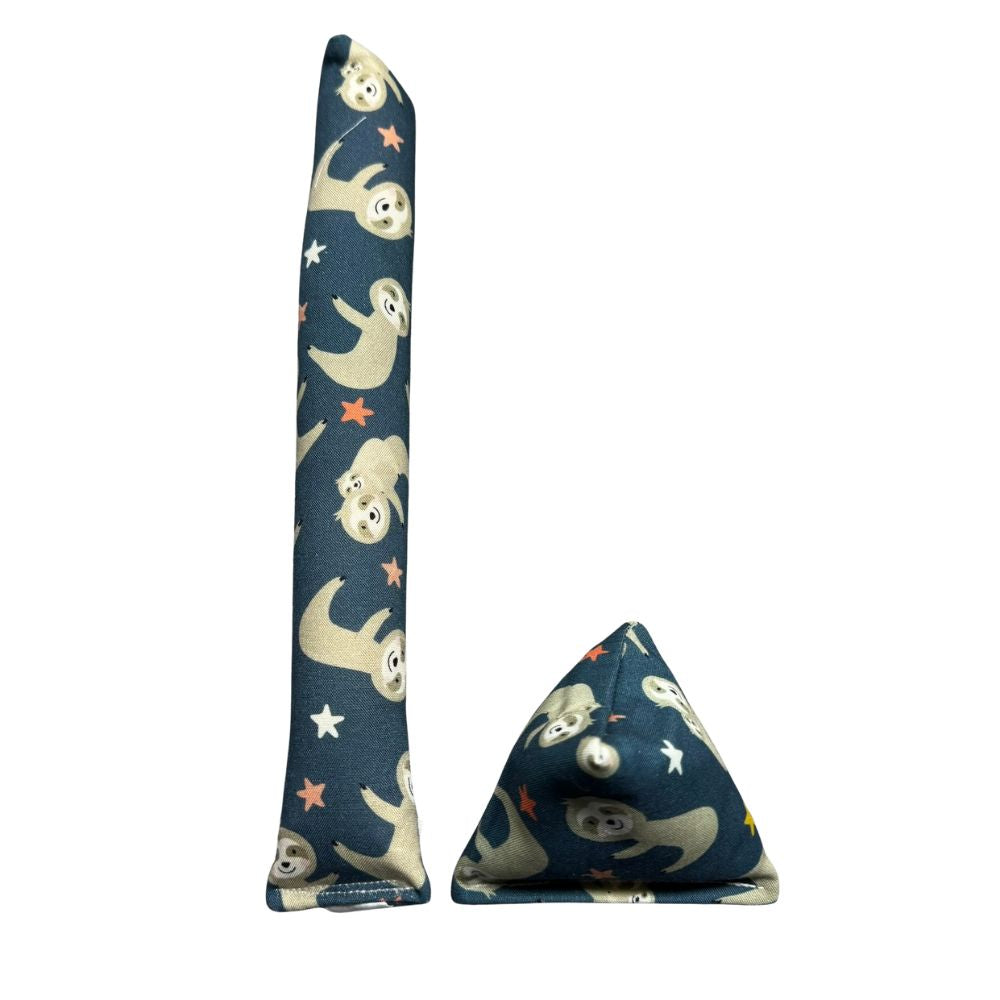 Handmade sloth kicker and Happy Sack cat toys shown together in navy cotton fabric with sloth and star print, both filled with signature premium catnip. Made by CatnipTakeout