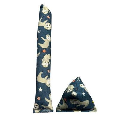 Handmade sloth kicker and Happy Sack cat toys shown together in navy cotton fabric with sloth and star print, both filled with signature premium catnip. Made by CatnipTakeout