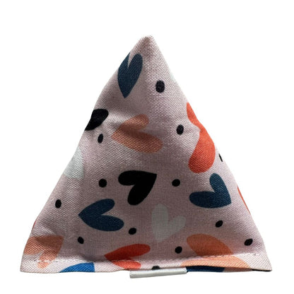 Handmade Sloth Happy Sack cat toy in soft pink cotton fabric with multicolor heart pattern, lightweight pyramid shape for batting and pouncing, filled with signature premium catnip. Made by CatnipTakeout.