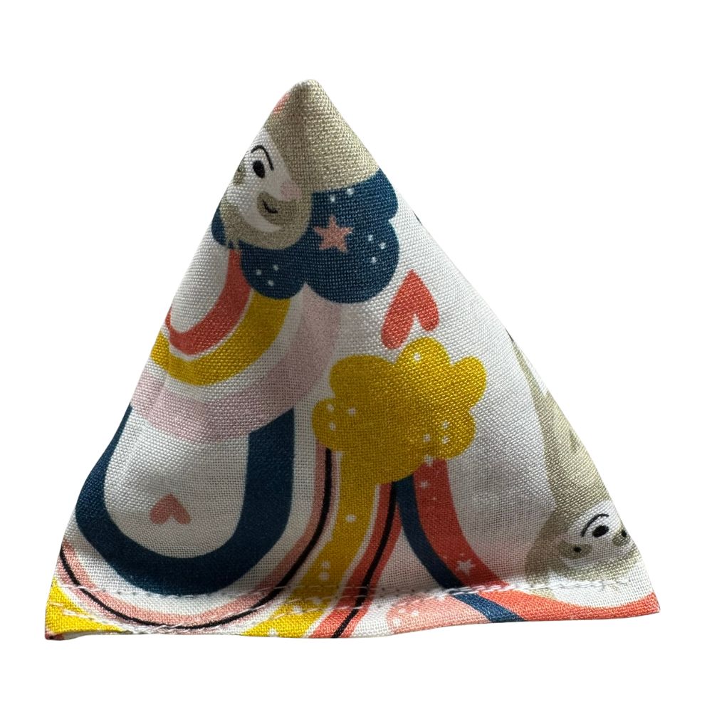 Handmade Sloth Happy Sack cat toy in rainbow and cloud cotton fabric with playful sloth accents, pyramid shape for interactive kitten play and filled with signature premium catnip. Made by CatnipTakeout.