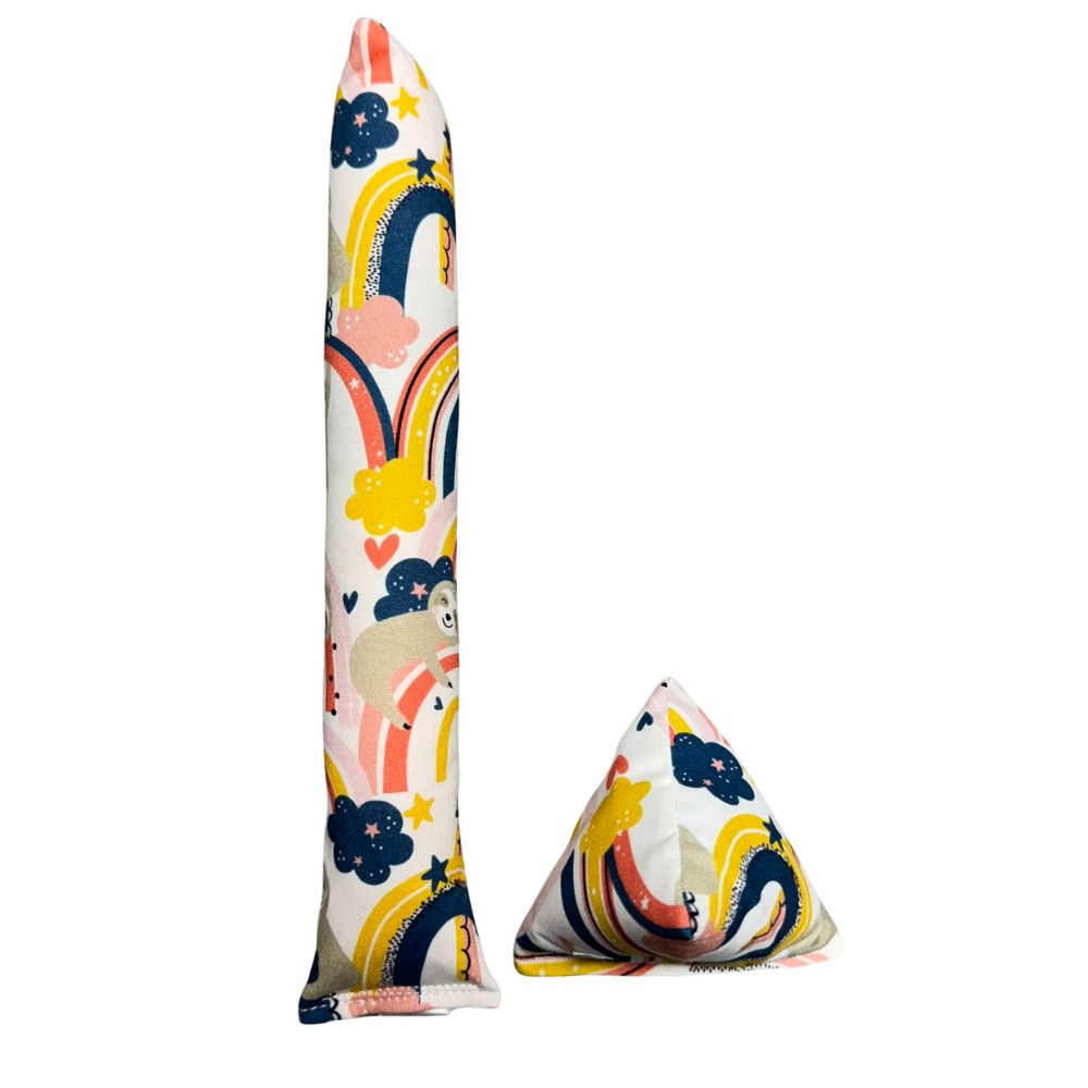 Handmade sloth kicker and Happy Sack cat toys shown together in rainbow cotton fabric with clouds and hearts, both filled with signature premium catnip. Made by CatnipTakeout.