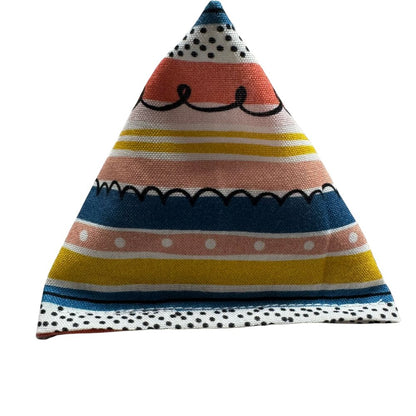 Handmade Sloth Happy Sack cat toy in striped cotton fabric with layered pink, blue, yellow, and navy bands, pyramid shape designed for interactive kitten play and filled with signature premium catnip. Made by CatnipTakeout.