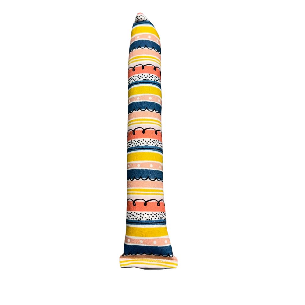 Sloth kicker cat toy in striped cotton fabric with colorful bands, long tube shape, filled with signature premium catnip. Made by CatnipTakeout.
