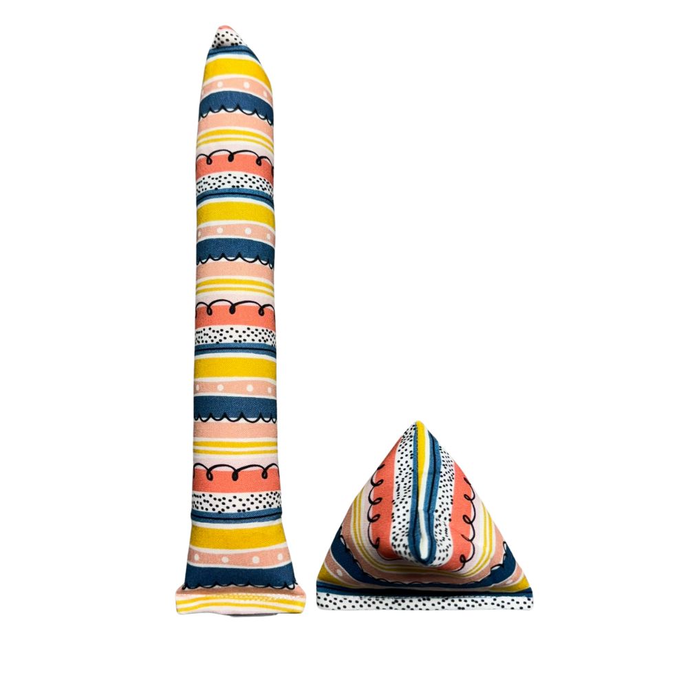 Handmade sloth kicker and Happy Sack cat toys shown together in striped cotton fabric with colorful bands, both filled with signature premium catnip. Made by CatnipTakeout.