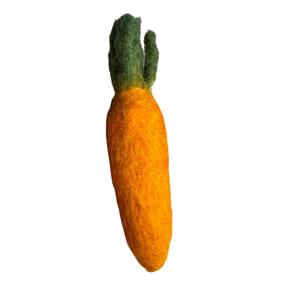 Small wool  orange carrot cat toy with green top sprayed with catnip spray
