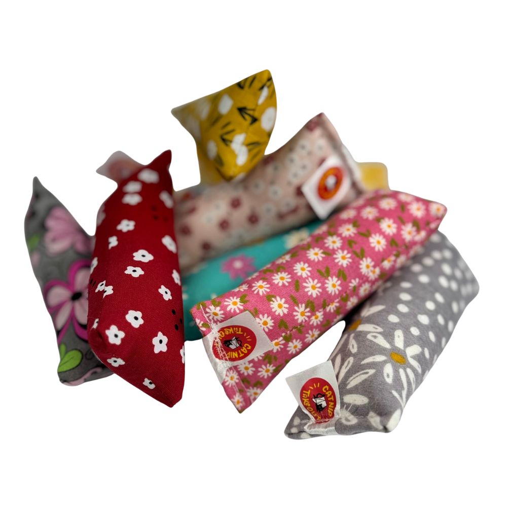 All Styles spring-mini-kicker-cat-toy-group.jpg Group photo of spring mini kicker cat toys showing all cotton floral styles