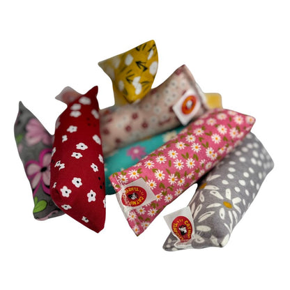 All Styles spring-mini-kicker-cat-toy-group.jpg Group photo of spring mini kicker cat toys showing all cotton floral styles