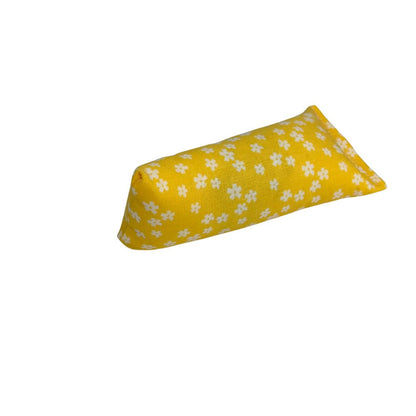 Yellow mini kicker cat toy with white flower buds and black stems, filled with catnip for play