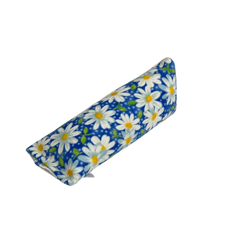 Blue mini kicker cat toy with white daisy print, filled with catnip for indoor cats who love to kick and toss