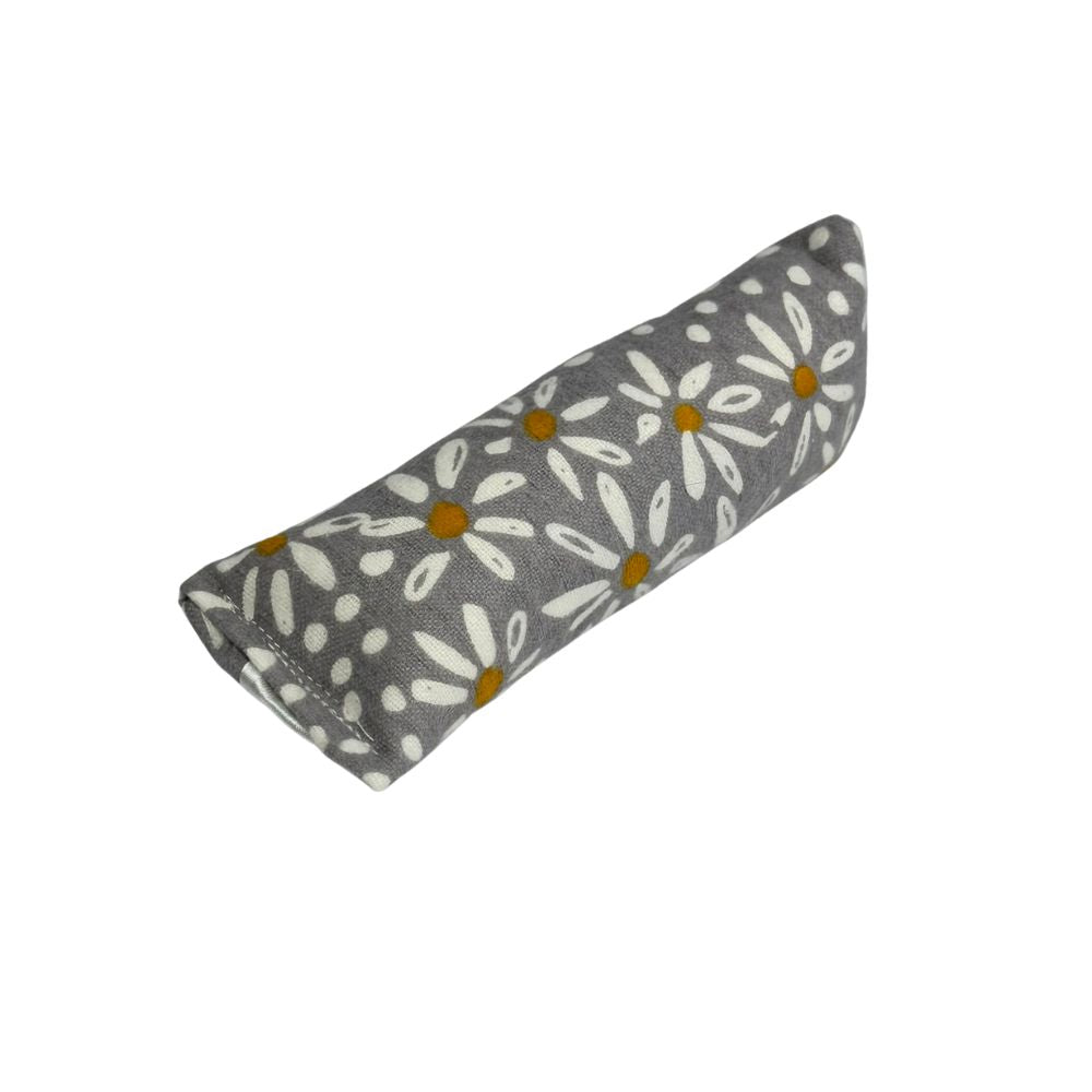 Gray mini kicker cat toy with white daisies and mustard centers, filled with catnip for gentle kicking play