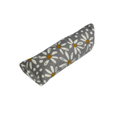 Gray mini kicker cat toy with white daisies and mustard centers, filled with catnip for gentle kicking play