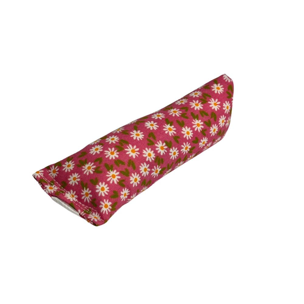 Pink mini kicker cat toy with white blooms and dark stems, filled with catnip for batting play