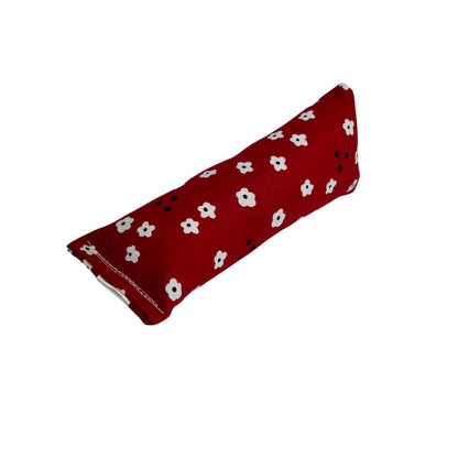 Red mini kicker cat toy with small white flowers, filled with catnip for wrestling, gripping, and bunny kicking
