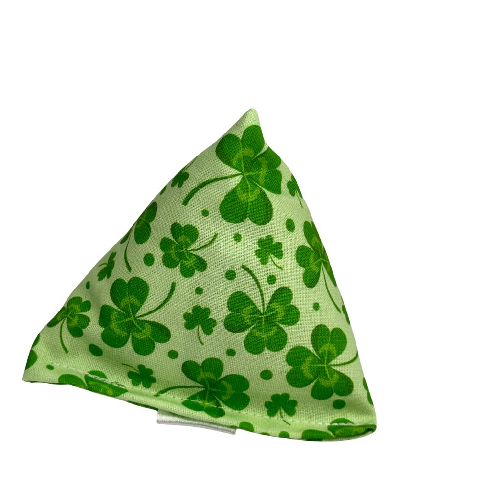 Light green pyramid catnip cat toy with scattered clover print on cotton, handmade for indoor cats