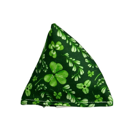 Dark green pyramid catnip cat toy with detailed clover and leafy print, cotton fabric for active pla