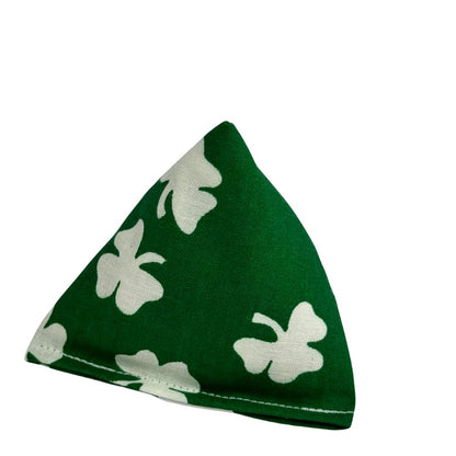 Green pyramid catnip cat toy with bold white shamrocks, cotton fabric filled for interactive solo play