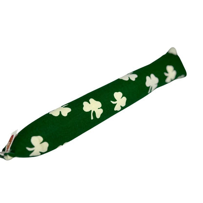 White clover pattern on green background kicker cat toy filled with catnip for solo play