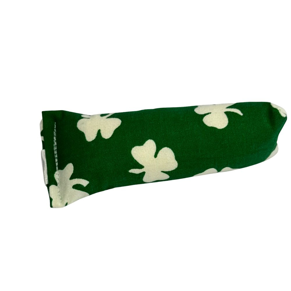 Mini green shamrock kicker cat toy with catnip for batting and bunny kicking play