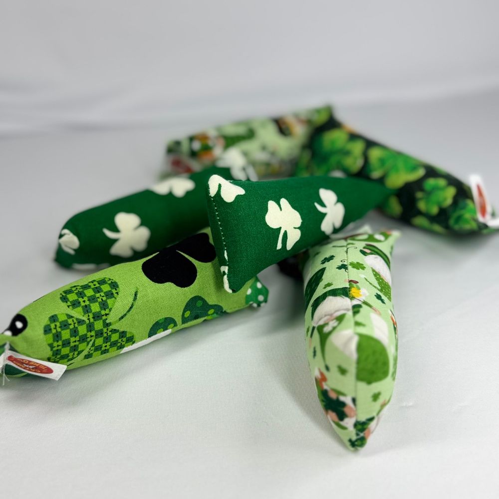 Mini shamrock and paw print kicker cat toy filled with catnip for playful batting